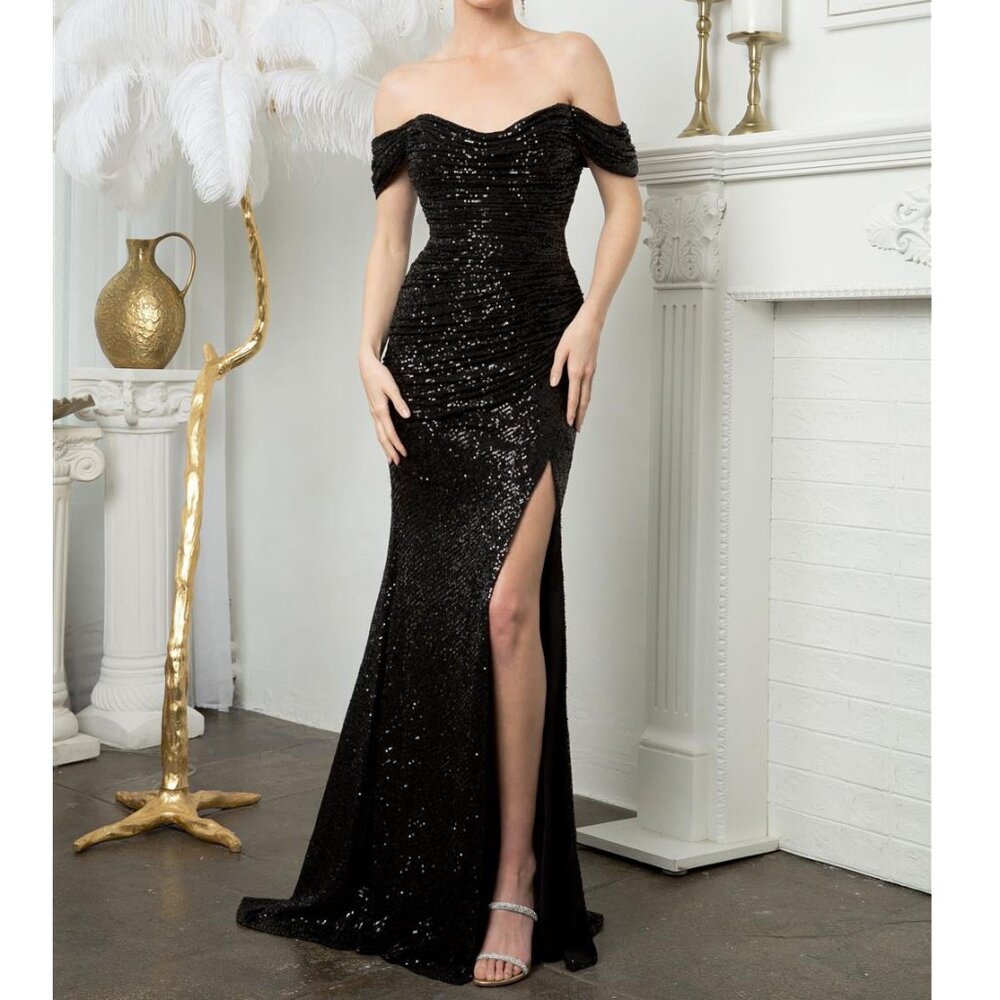 Black Sequined Off the Shoulder Formal Prom Wedding Guest Dress 10